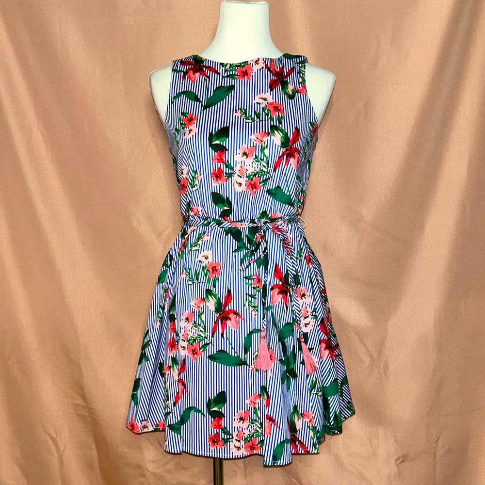Blue & white striped mini dress with pink floral pattern